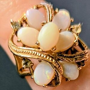 Vintage Opal and Rhinestone Cluster Ring Gold Leaf Design Size 5